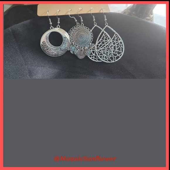 NEW WITH TAGS 3 PAIR Silver Tone Boho Earrings French Hook - Picture 3 of 3
